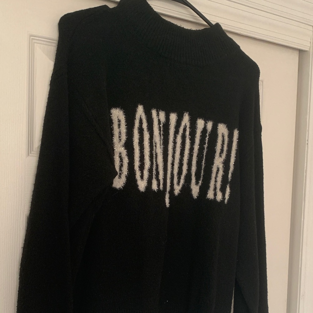 a new day Black Knit Turtleneck Sweater with White BONJOUR Graphic
